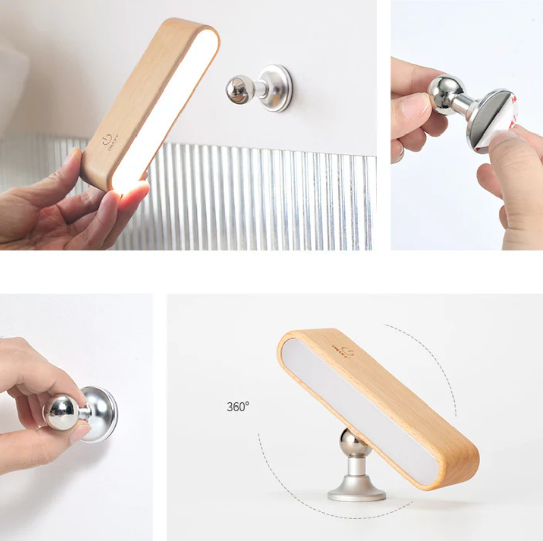 Skrivebordslampe i massivt træ med magnetisk opladning